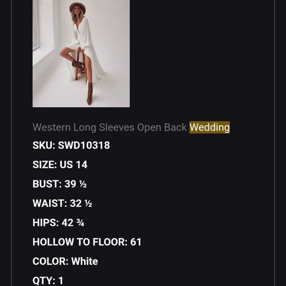 Western Long Sleeve Open Back Wedding Dress - Picture 3 of 3